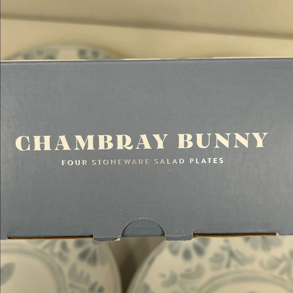 Pottery Barn Chambray Tile Bunny‎ Salad Plates 9 1/4” Set of 4 New in Box!